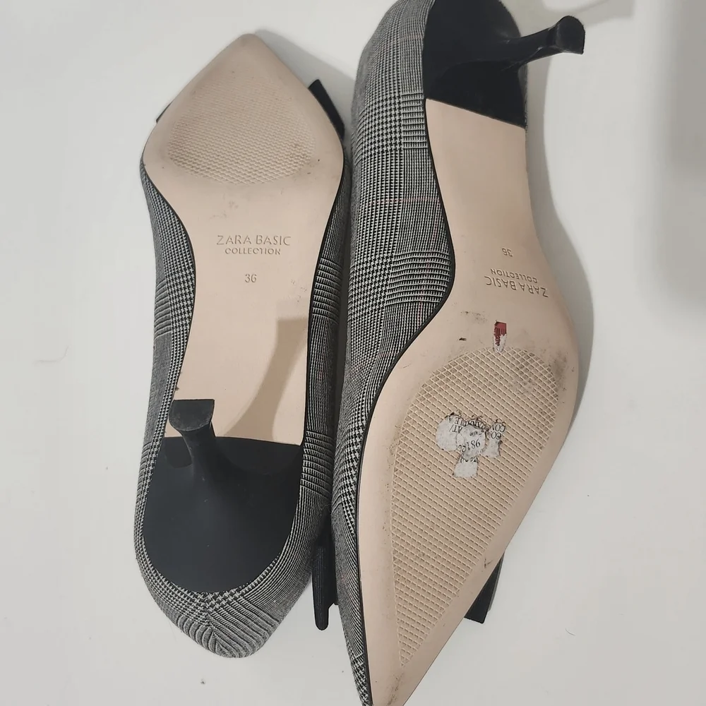 Zara Women’s Black Gray Plaid Bow Mini Heels EU 36 Pumps Office Career Shoes - Picture 11 of 16
